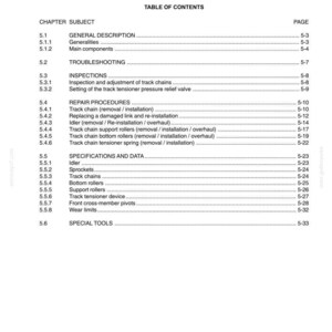 May include: A detailed table of contents from a manual, titled "Undercarriage." The document is organized into sections such as General Description, Troubleshooting, Inspections, Repair Procedures, and Specifications and Data. The page numbers are listed on the right.