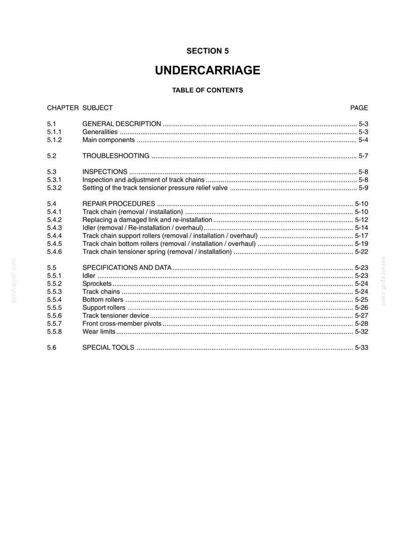 May include: A detailed table of contents from a manual, titled "Undercarriage." The document is organized into sections such as General Description, Troubleshooting, Inspections, Repair Procedures, and Specifications and Data. The page numbers are listed on the right.