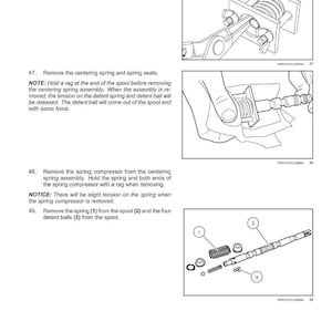 May include: Diagram showing hydraulic system components, including a spring, spool, and detent balls. The image provides step-by-step instructions for disassembly, with labels and illustrations. Text includes "Hydraulic systems - Three-point hitch control valve."