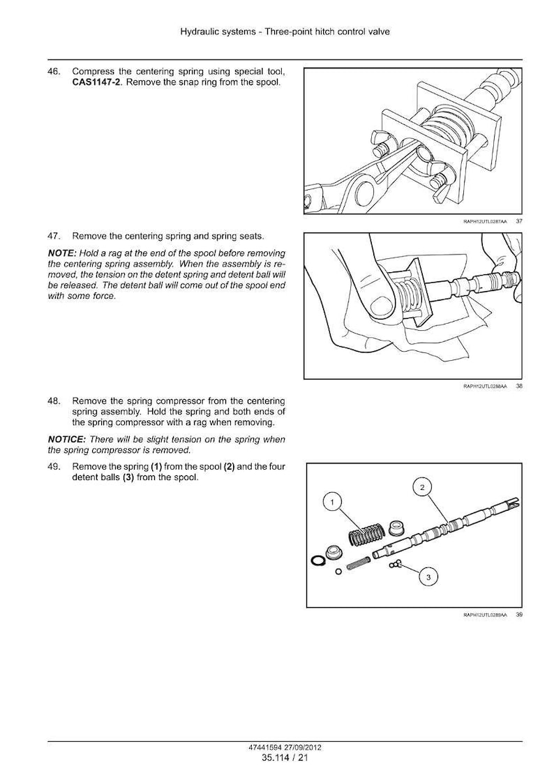 May include: Diagram showing hydraulic system components, including a spring, spool, and detent balls. The image provides step-by-step instructions for disassembly, with labels and illustrations. Text includes "Hydraulic systems - Three-point hitch control valve."