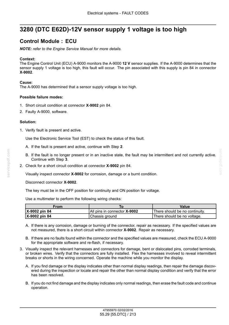May include: A diagnostic document detailing fault code 3280 (DTC E62D) for a 12V sensor supply voltage that is too high. Includes troubleshooting steps, possible causes, and wiring checks for connector X-9002.