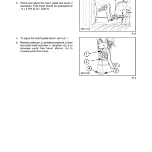 May include: A technical manual page titled SECTION 90 - PLATFORM - CHAPTER 2, featuring two black and white line drawings of a clutch pedal mechanism. The text provides instructions for checking and adjusting pedal free travel to 19 &plusmn; 5 mm (0.75 &plusmn; 0.20 in).