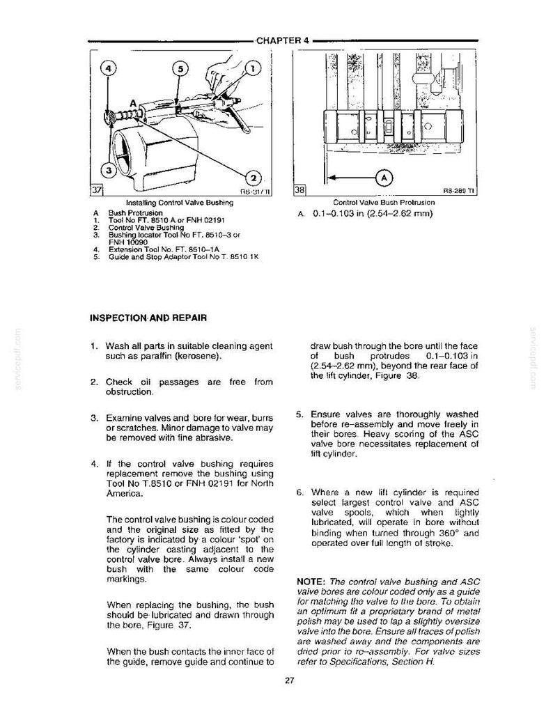 May include: Diagram of control valve bushing installation, with measurements in inches. Includes text about inspection, repair, and replacement procedures. Chapter 4, with figures and tool numbers.