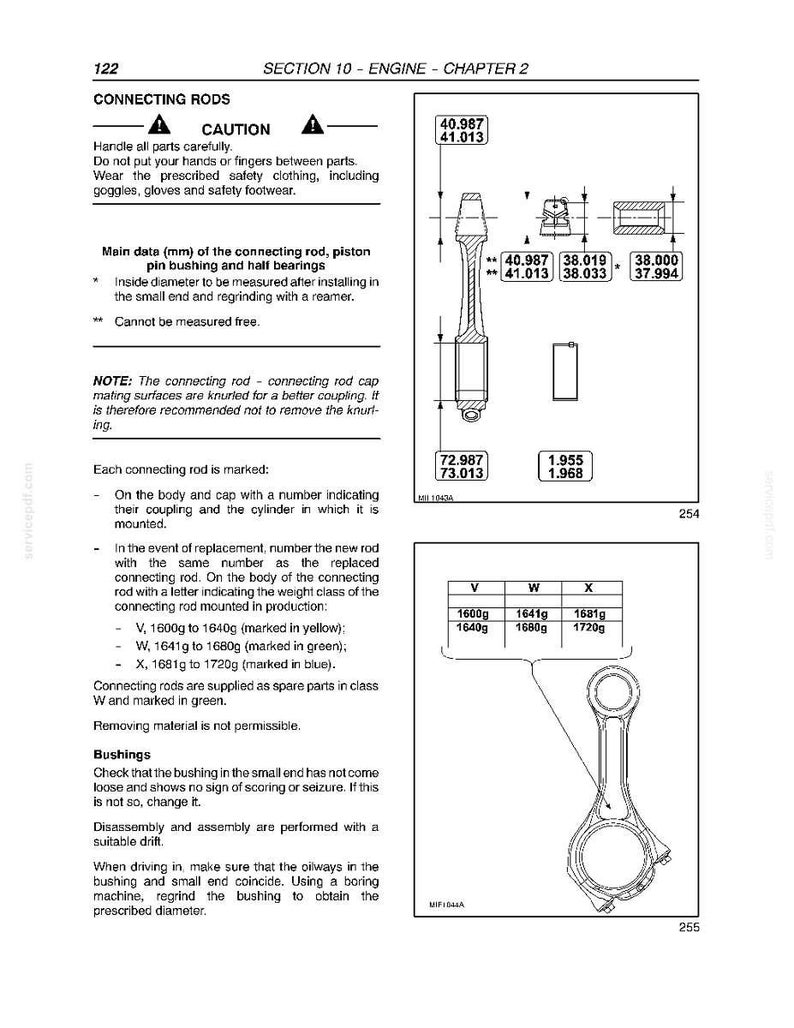 May include: A technical manual page titled SECTION 10 - ENGINE - CHAPTER 2 CONNECTING RODS. It features diagrams of connecting rods with numerical measurements in millimeters and a table listing weight classes in grams from 1600g to 1720g.