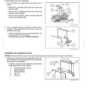 May include: Diagrams and instructions for replacing an air-conditioning evaporator. Includes steps for removing screws, connectors, and the evaporator itself. Also shows the installation of the evaporator sensor, with measurements of 0.79 inches and 2.87 inches.