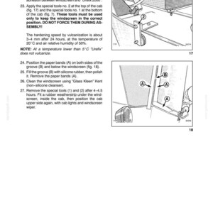 Pu&ograve; includere: Diagramma da un manuale che mostra i passaggi per l'installazione del parabrezza. Il testo include le istruzioni per il montaggio, l'applicazione degli attrezzi e il posizionamento delle fascette di carta. Include le figure 17 e 18, con misure in millimetri.