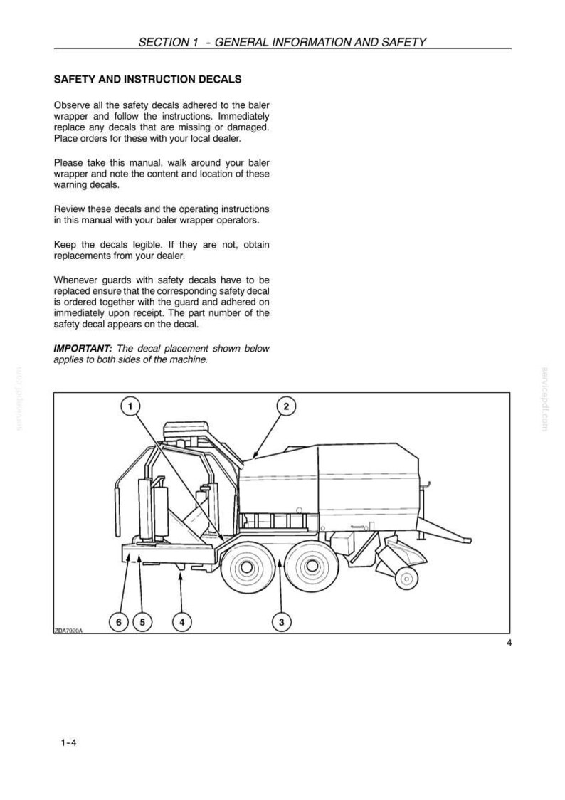 May include: Diagram of a baler wrapper with numbered points, likely for safety and instruction decals. The image is a technical illustration, showing the machine's components and decal placement.