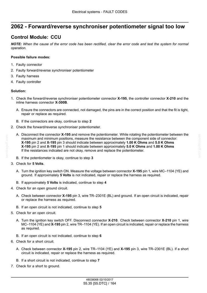 Puede incluir: Documento t&eacute;cnico con el c&oacute;digo de error 2062 para un potenci&oacute;metro de sincronizaci&oacute;n de avance/retroceso en un sistema el&eacute;ctrico. Incluye pasos de soluci&oacute;n de problemas y comprobaciones.