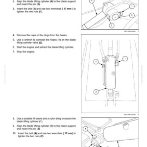 May include: Diagram illustrating the installation of a blade lifting cylinder. The image shows detailed steps with numbered instructions and close-up views of the cylinder, bolts, and nuts. Includes measurements in millimeters.