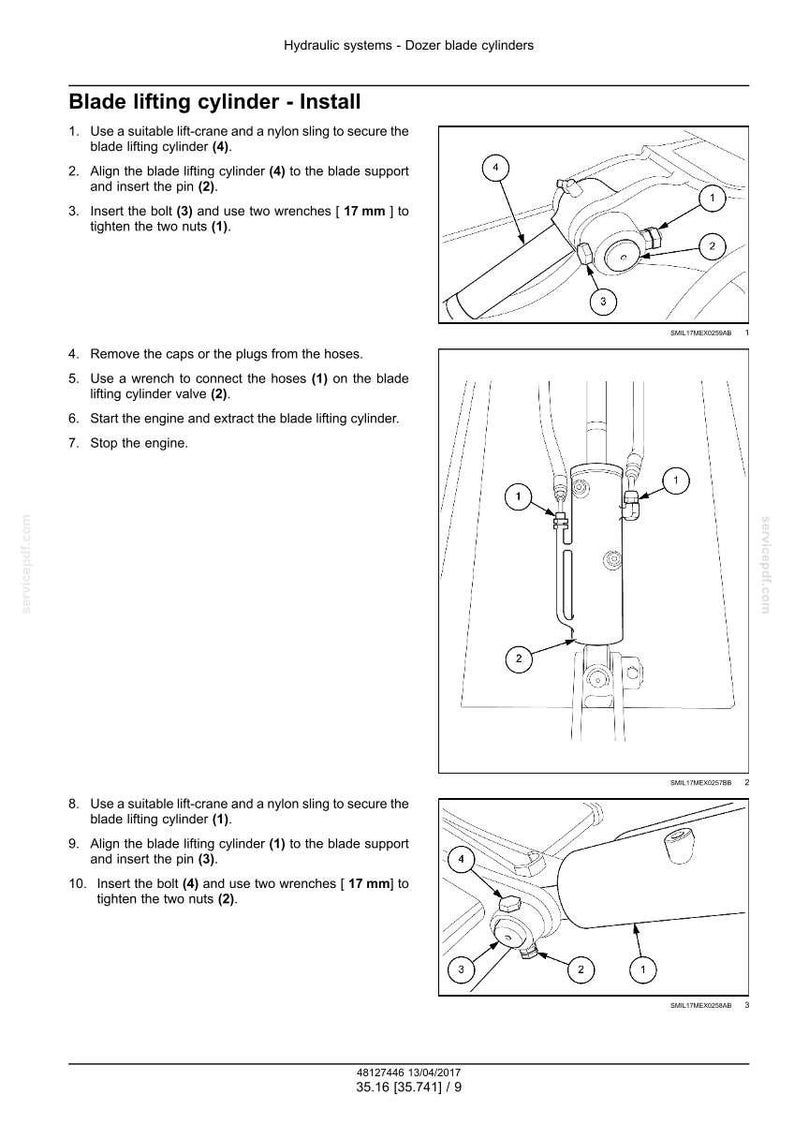 May include: Diagram illustrating the installation of a blade lifting cylinder. The image shows detailed steps with numbered instructions and close-up views of the cylinder, bolts, and nuts. Includes measurements in millimeters.