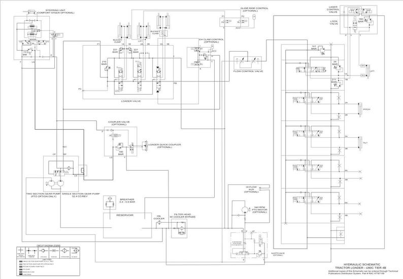 Puede incluir: Diagrama esquem&aacute;tico hidr&aacute;ulico en blanco y negro para una cargadora de tractor. El diagrama incluye varios componentes como v&aacute;lvulas, bombas y filtros, con etiquetas y l&iacute;neas que los conectan. El diagrama est&aacute; etiquetado como "HYDRAULIC SCHEMATIC TRACTOR LOADER - UNCL TBF 48".