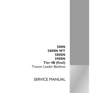 May include: A white service manual for a tractor loader backhoe. The manual includes the text "580N, 580SN WT, 580SN, 590SN, Tier 4B (final)" and "SERVICE MANUAL". The Case Construction logo is in the bottom right corner.