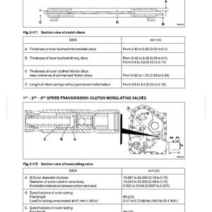 K&ouml;nnte beinhalten: Diagramm einer Getriebekupplungsscheibe und eines Modulationsventils mit Messungen in Millimetern. Enth&auml;lt Spezifikationen f&uuml;r innenverzahnte Scheiben, &auml;u&szlig;ere Federn und Kolbendurchmesser. Text: "Transmission Clutch Disc" und "Transmission".