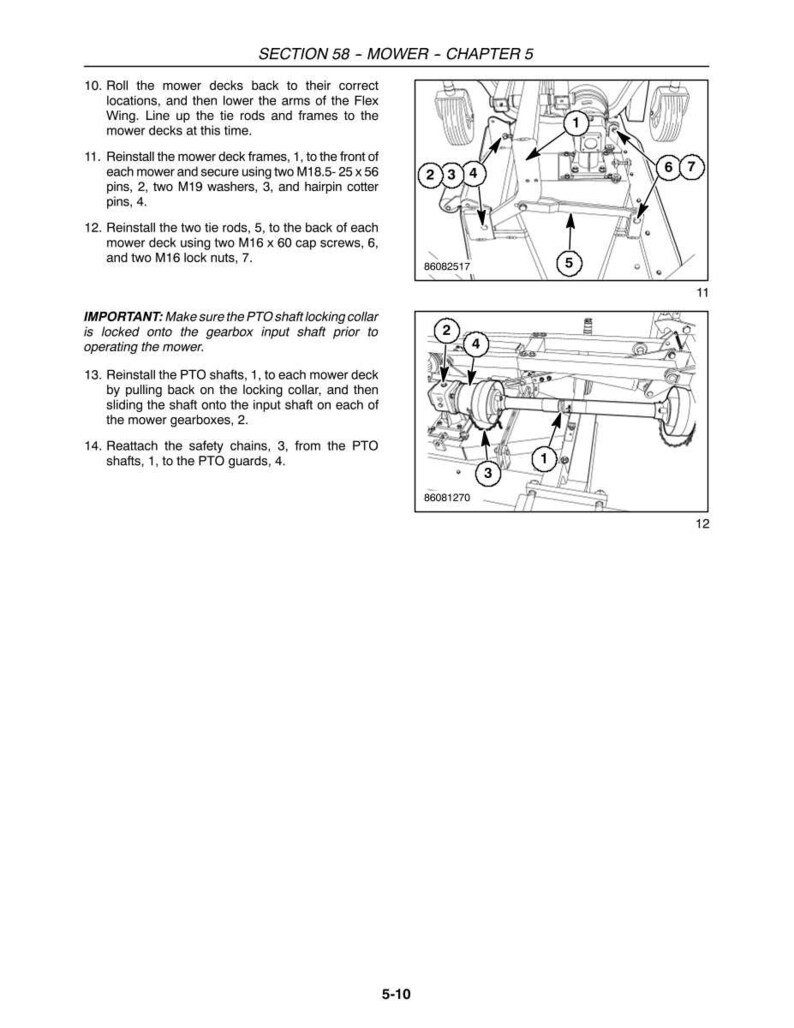 Puede incluir: Una p&aacute;gina de manual t&eacute;cnico titulada SECTION 58 - MOWER - CHAPTER 5, que presenta dos dibujos lineales en blanco y negro con llamadas numeradas. Los diagramas ilustran el montaje de los marcos de la segadora y los ejes de la TDF.