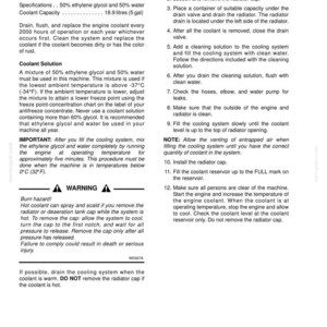 May include: Page from a manual detailing the cleaning of a cooling system. Text includes specifications for ethylene glycol and water, coolant capacity, and instructions for draining, flushing, and refilling the system. A warning about burn hazards is also present.