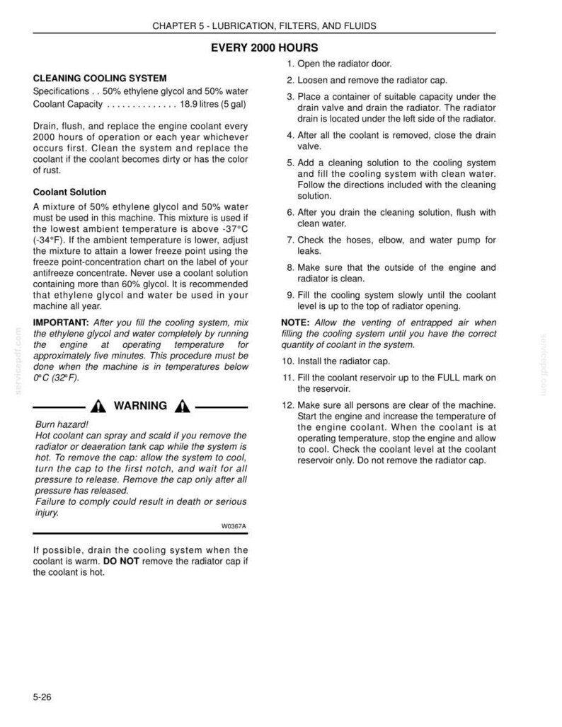 May include: Page from a manual detailing the cleaning of a cooling system. Text includes specifications for ethylene glycol and water, coolant capacity, and instructions for draining, flushing, and refilling the system. A warning about burn hazards is also present.