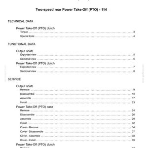 May include: A white document titled "Contents" with a detailed table of contents for a Power Take-Off (PTO) system. The document includes sections on technical and functional data, and service procedures.