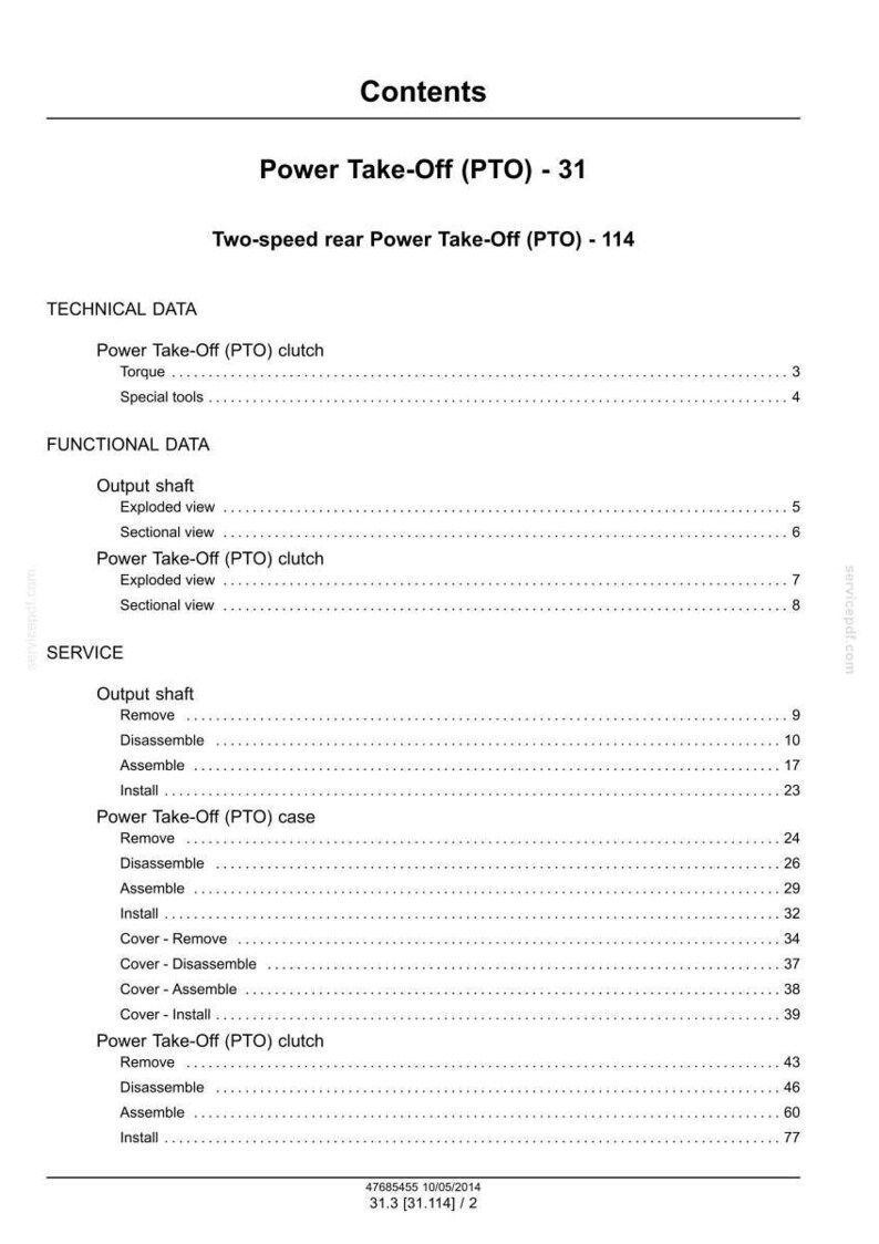 May include: A white document titled "Contents" with a detailed table of contents for a Power Take-Off (PTO) system. The document includes sections on technical and functional data, and service procedures.