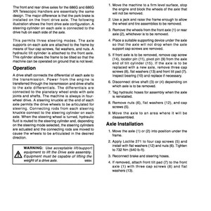 May include: A page from a manual detailing drive axle removal and installation procedures. The text includes instructions, warnings, and diagrams for vehicle maintenance. The document is printed in black and white.