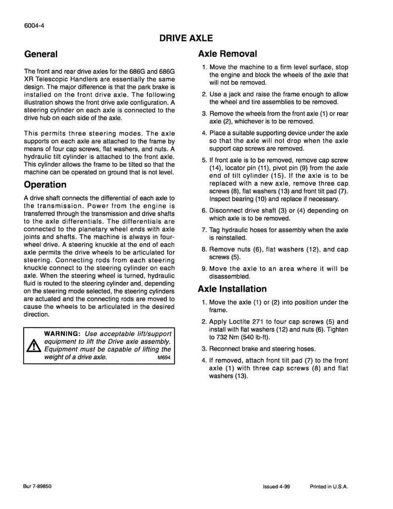 May include: A page from a manual detailing drive axle removal and installation procedures. The text includes instructions, warnings, and diagrams for vehicle maintenance. The document is printed in black and white.