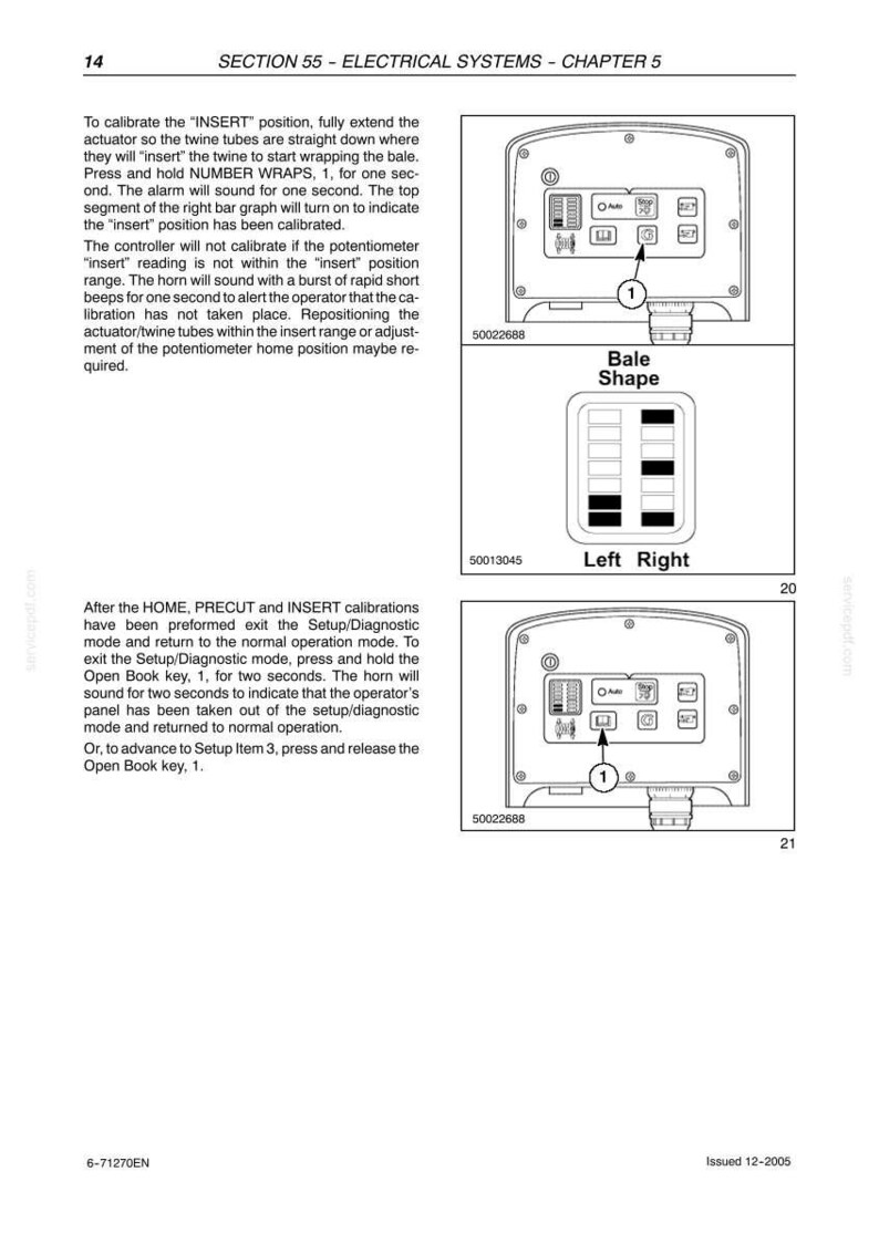 May include: Diagram of an electrical system control panel with buttons and a display. The text reads "Bale Shape" and "Left Right". The panel has a series of lights and a digital display.