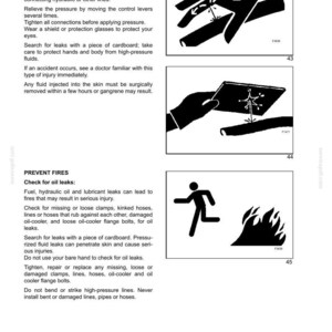 May include: A safety manual page with the title "SECTION 1". It contains warnings about fluids under pressure and preventing fires. The page includes illustrations of safety procedures and potential hazards.