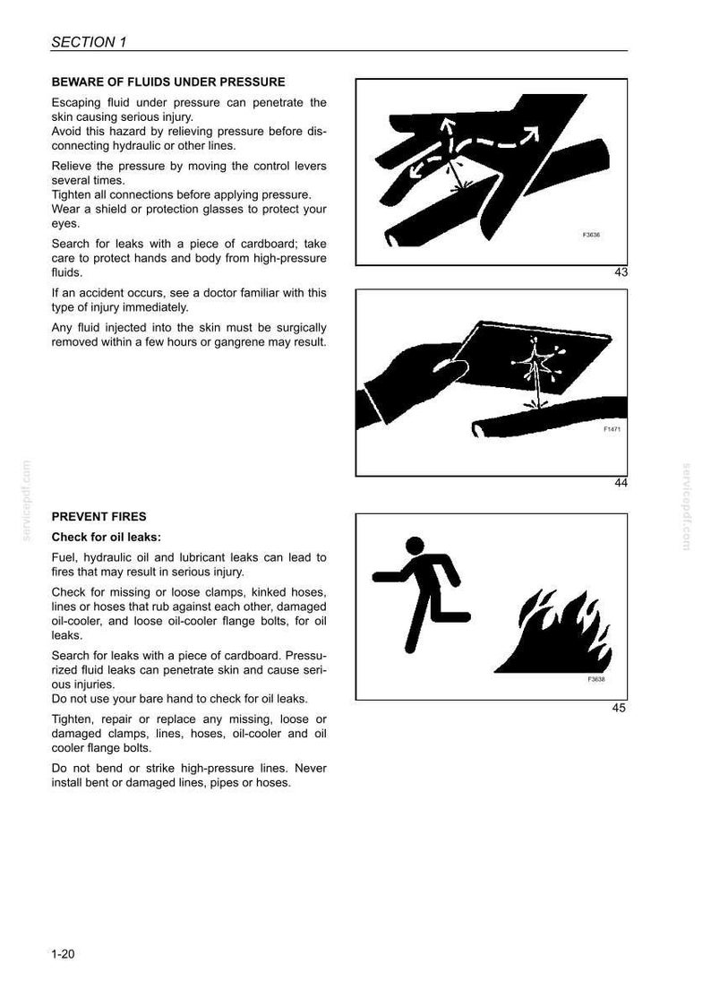 May include: A safety manual page with the title "SECTION 1". It contains warnings about fluids under pressure and preventing fires. The page includes illustrations of safety procedures and potential hazards.