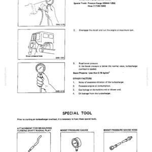 May include: A technical manual page titled TURBOCHARGER TU-5 featuring black and white line drawings of a pressure gauge, a vehicle engine component, and a list of special tools including a boost pressure gauge and hose for measuring boost pressure.