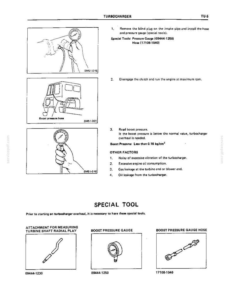 May include: A technical manual page titled TURBOCHARGER TU-5 featuring black and white line drawings of a pressure gauge, a vehicle engine component, and a list of special tools including a boost pressure gauge and hose for measuring boost pressure.
