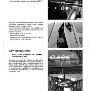 May include: Image from a manual showing engine maintenance instructions. Includes diagrams for checking coolant and oil levels. The text includes instructions for the radiator and bevel gear, steering, and brakes. The CASE logo is visible.