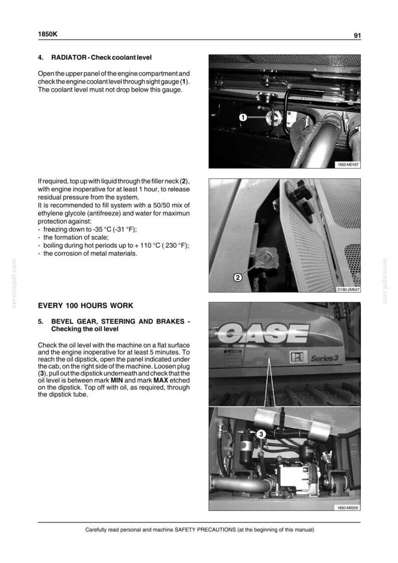 May include: Image from a manual showing engine maintenance instructions. Includes diagrams for checking coolant and oil levels. The text includes instructions for the radiator and bevel gear, steering, and brakes. The CASE logo is visible.