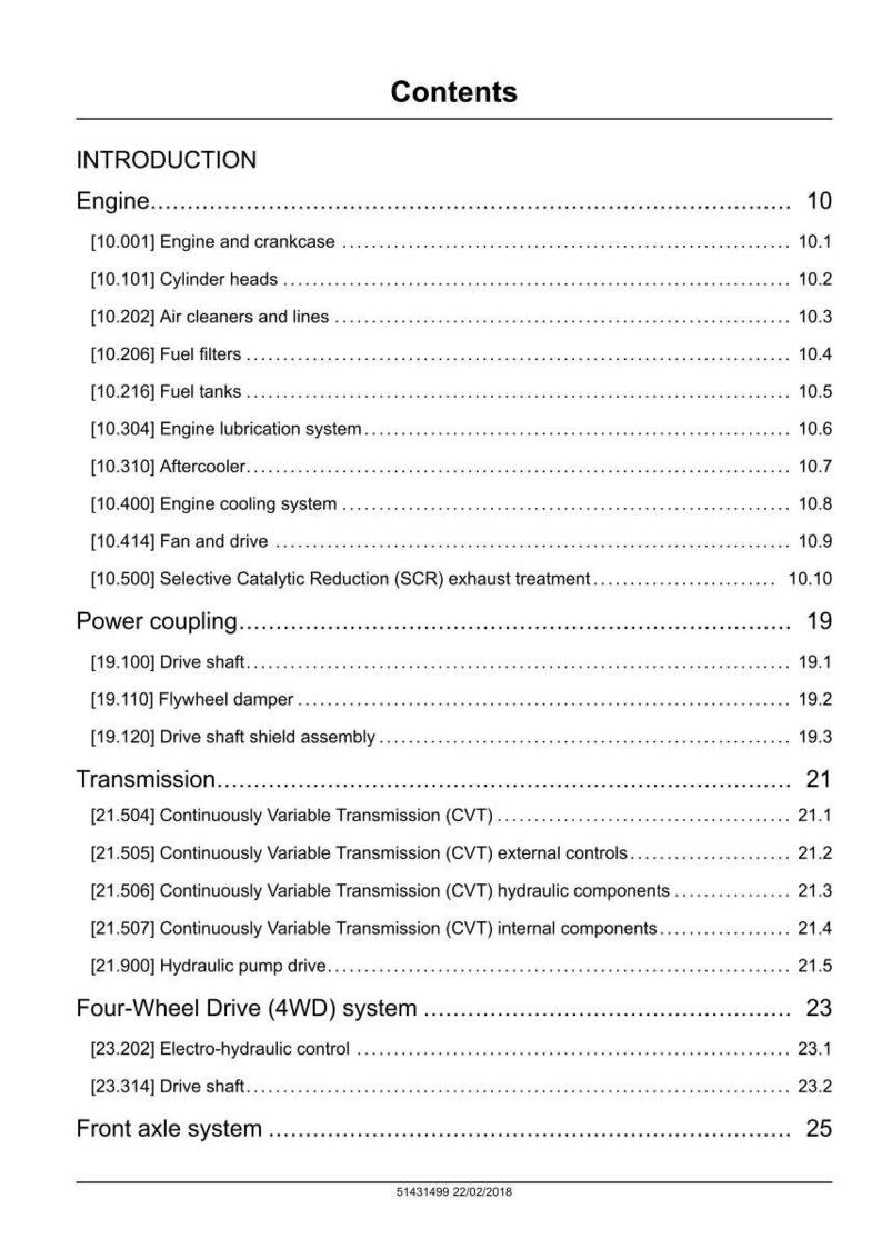 May include: A page from a manual titled "Contents" with a list of engine and transmission components. The text includes sections on the engine, power coupling, transmission, and four-wheel drive system. The page is white with black text.