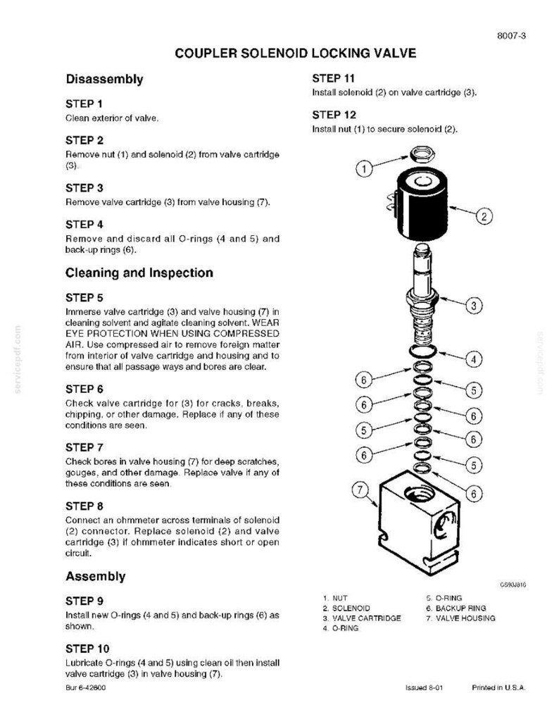 May include: Diagram of a coupler solenoid locking valve with numbered parts and assembly instructions. Includes a solenoid, valve cartridge, O-rings, and valve housing. Text includes disassembly, cleaning, and assembly steps.