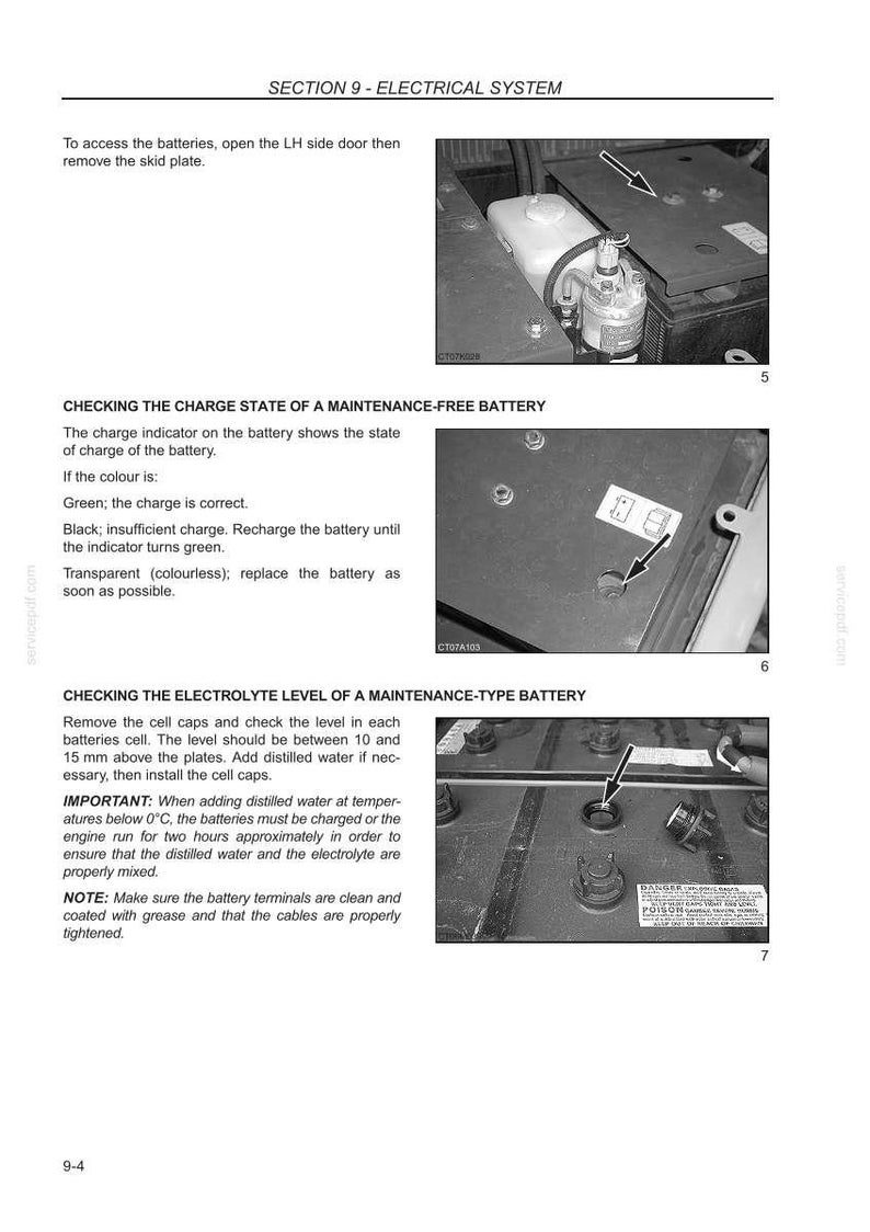 K&ouml;nnte beinhalten: Schwarz-Wei&szlig;-Bild aus einem Handbuch &uuml;ber elektrische Systeme. Es zeigt Nahaufnahmen einer Batterie, einschlie&szlig;lich der Ladeanzeige und des Elektrolytstands. Der Text enth&auml;lt Anweisungen zum &Uuml;berpr&uuml;fen der Batterieladung und des Elektrolytstands.
