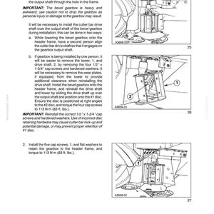 May include: A technical manual page titled BEVEL GEARBOX - INSTALLATION, featuring three black and white line drawings showing the assembly process of a gearbox onto a header frame, with numbered components and text instructions in English.