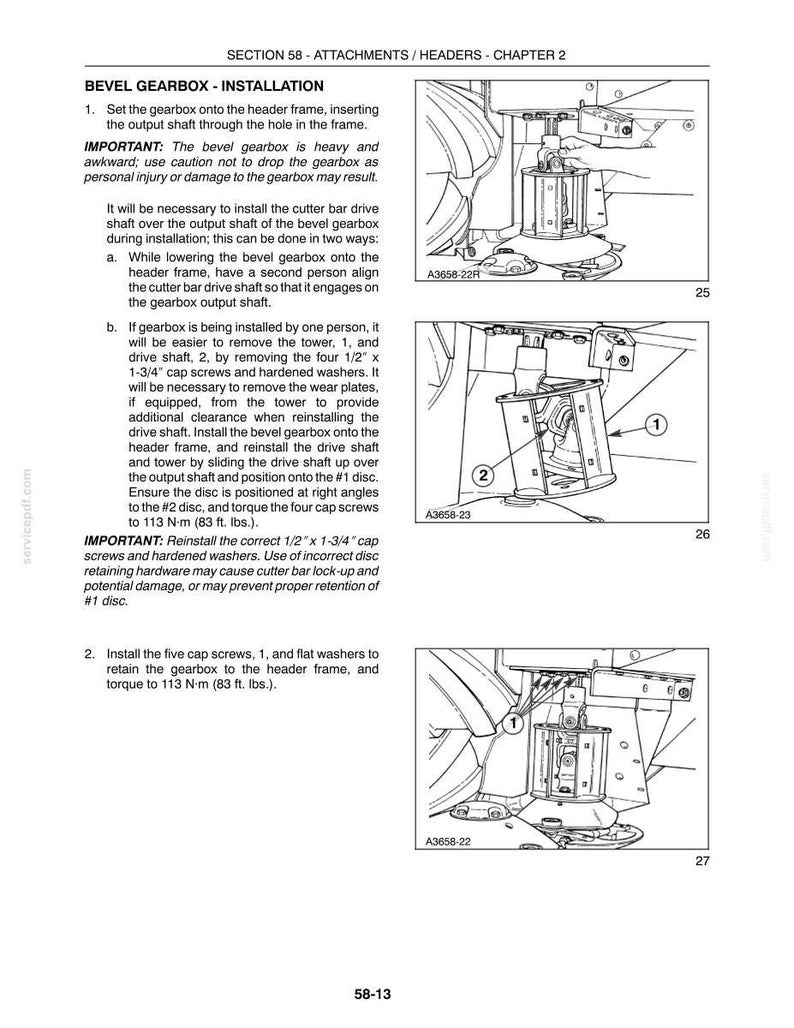 May include: A technical manual page titled BEVEL GEARBOX - INSTALLATION, featuring three black and white line drawings showing the assembly process of a gearbox onto a header frame, with numbered components and text instructions in English.