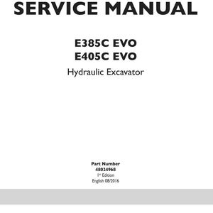 May include: A white service manual cover with the title "SERVICE MANUAL" in bold black letters. Below, it lists "E385C EVO" and "E405C EVO Hydraulic Excavator". The bottom has the New Holland Construction logo.