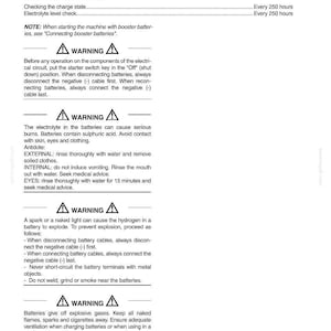 May include: A page from a manual detailing battery maintenance specifications and safety warnings. The text includes instructions on checking charge states, electrolyte levels, and precautions against explosions and burns.