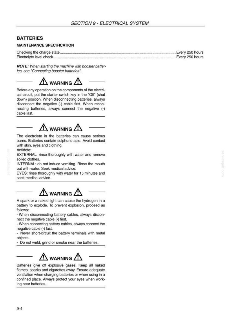 May include: A page from a manual detailing battery maintenance specifications and safety warnings. The text includes instructions on checking charge states, electrolyte levels, and precautions against explosions and burns.