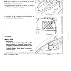 May include: A technical manual page titled 3-CONTROLS AND INSTRUMENTS showing line drawings of tractor cab storage features. It includes a storage box with a hinged lid, a recessed tray, an elasticated storage net, and a cup holder with a caution warning.