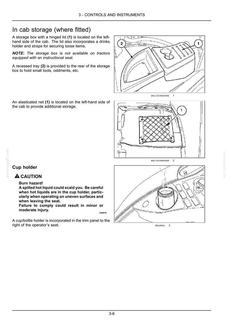 May include: A technical manual page titled 3-CONTROLS AND INSTRUMENTS showing line drawings of tractor cab storage features. It includes a storage box with a hinged lid, a recessed tray, an elasticated storage net, and a cup holder with a caution warning.