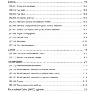 Puede incluir: Una p&aacute;gina de un manual titulada "Contenido" con una lista de componentes del motor, embrague, transmisi&oacute;n y sistema de tracci&oacute;n a las cuatro ruedas. El texto es negro sobre fondo blanco.