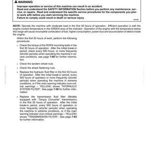 May include: A page from a maintenance manual with the title "Break-in period (Check)". The text includes a warning about improper operation and instructions for the first 50 hours of operation, such as checking bolts and replacing filters.