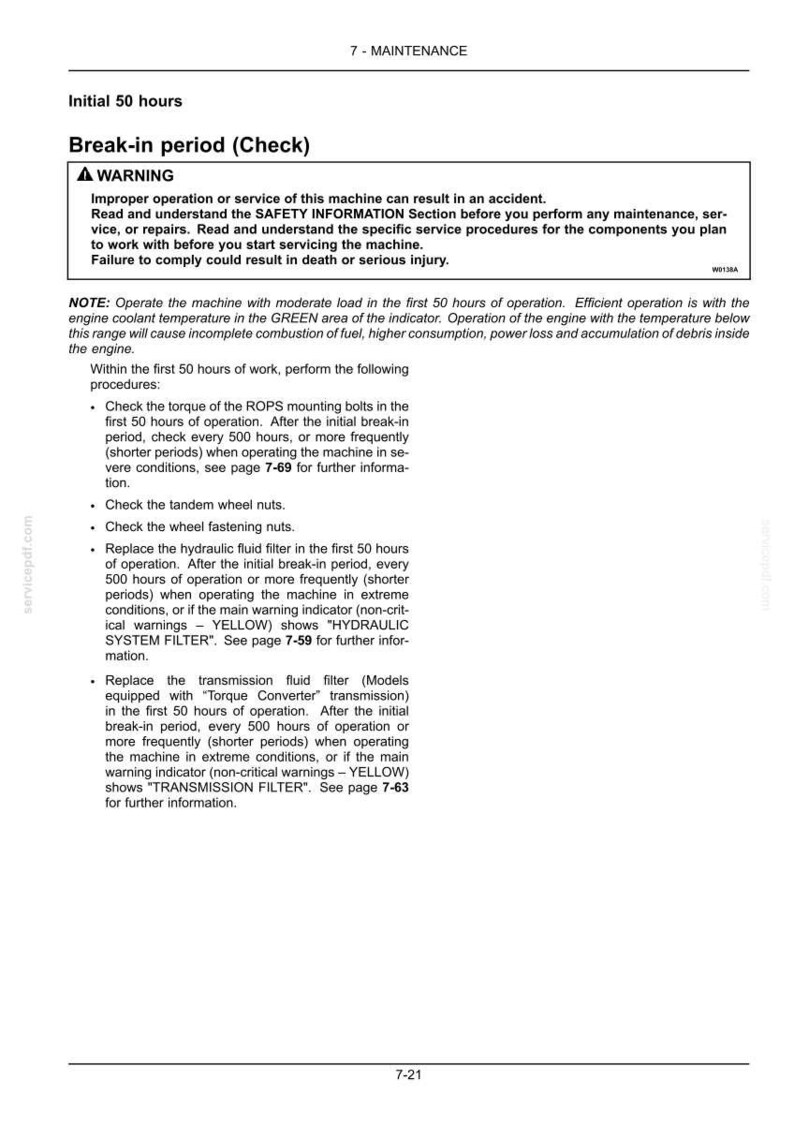 May include: A page from a maintenance manual with the title "Break-in period (Check)". The text includes a warning about improper operation and instructions for the first 50 hours of operation, such as checking bolts and replacing filters.