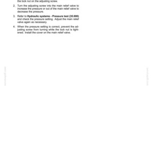 Puede incluir: Documento blanco con el t&iacute;tulo "Hydraulic systems - Pressure setting - Main relief valve" e instrucciones numeradas para el ajuste de la presi&oacute;n. Incluye el texto "Pressure test (35.000)".