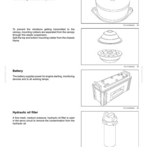 Puede incluir: Una p&aacute;gina de documento t&eacute;cnico titulada 1 - GENERAL INFORMATION que presenta dibujos lineales de un sistema de suspensi&oacute;n el&aacute;stica, una bater&iacute;a rectangular con terminales superiores y un filtro de aceite hidr&aacute;ulico cil&iacute;ndrico.