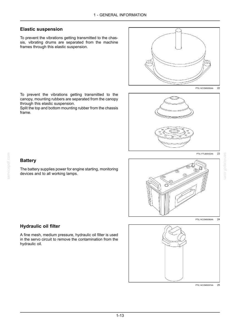 Puede incluir: Una p&aacute;gina de documento t&eacute;cnico titulada 1 - GENERAL INFORMATION que presenta dibujos lineales de un sistema de suspensi&oacute;n el&aacute;stica, una bater&iacute;a rectangular con terminales superiores y un filtro de aceite hidr&aacute;ulico cil&iacute;ndrico.