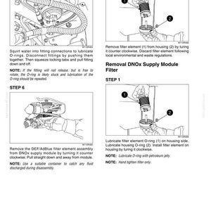 May include: A technical manual page titled 2100-8 showing steps 5, 6, 7, and 1 for removing and installing a DNOx supply module filter. The document includes black and white line drawings of mechanical parts, hoses, and filter elements with numbered labels.