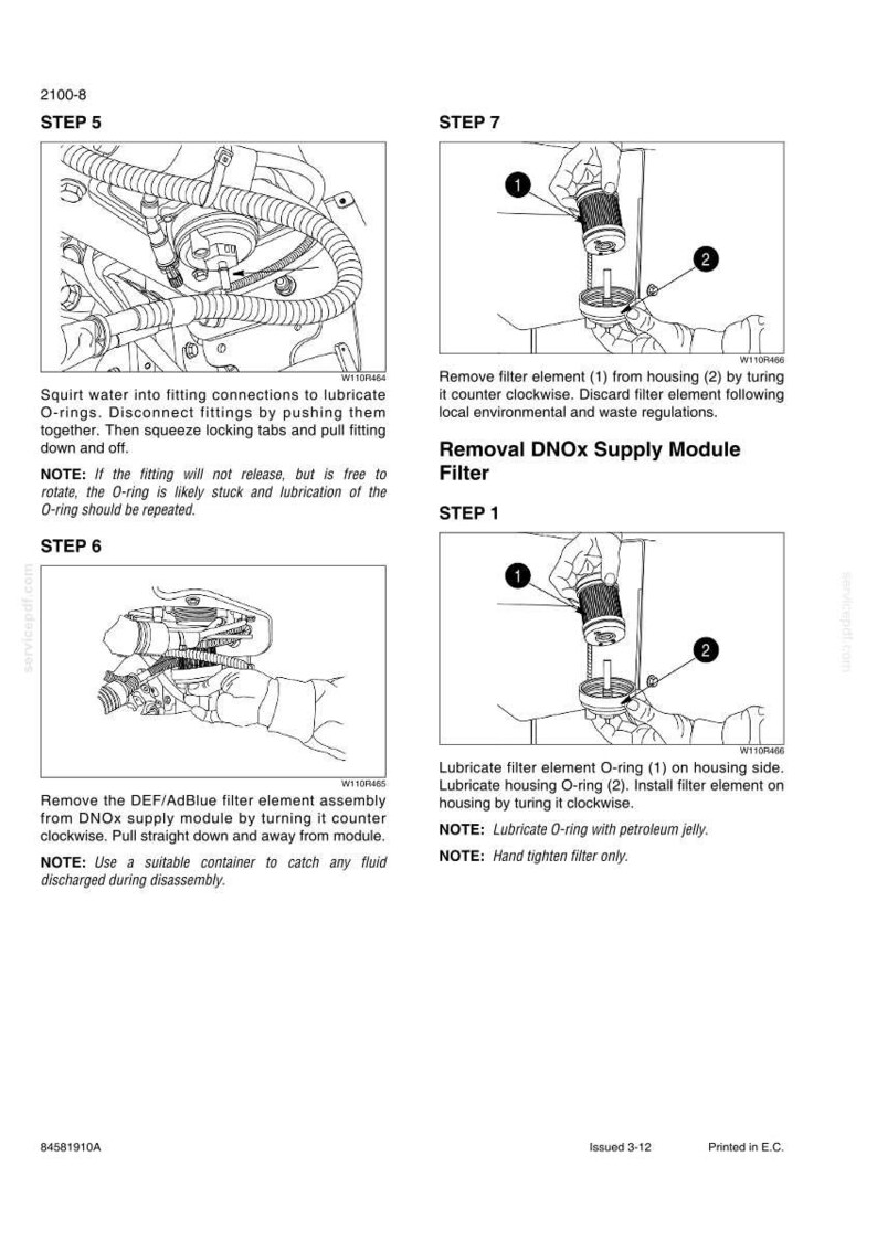 May include: A technical manual page titled 2100-8 showing steps 5, 6, 7, and 1 for removing and installing a DNOx supply module filter. The document includes black and white line drawings of mechanical parts, hoses, and filter elements with numbered labels.