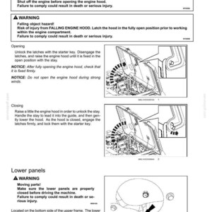 May include: A page from a manual with instructions on how to open and close an engine hood. The page includes diagrams, warnings, and notices about safety procedures. The text is in black and white.